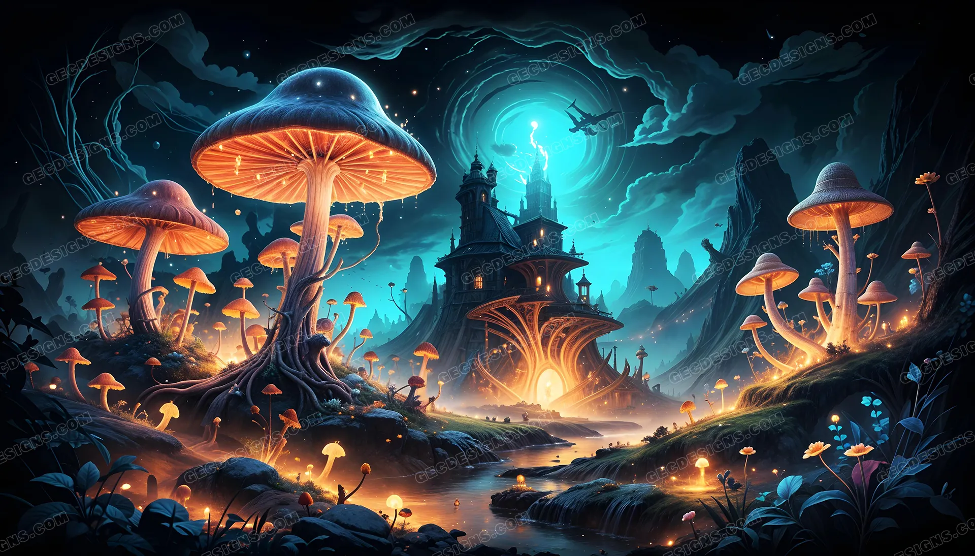 Fantasy castle in a fairy mushroom