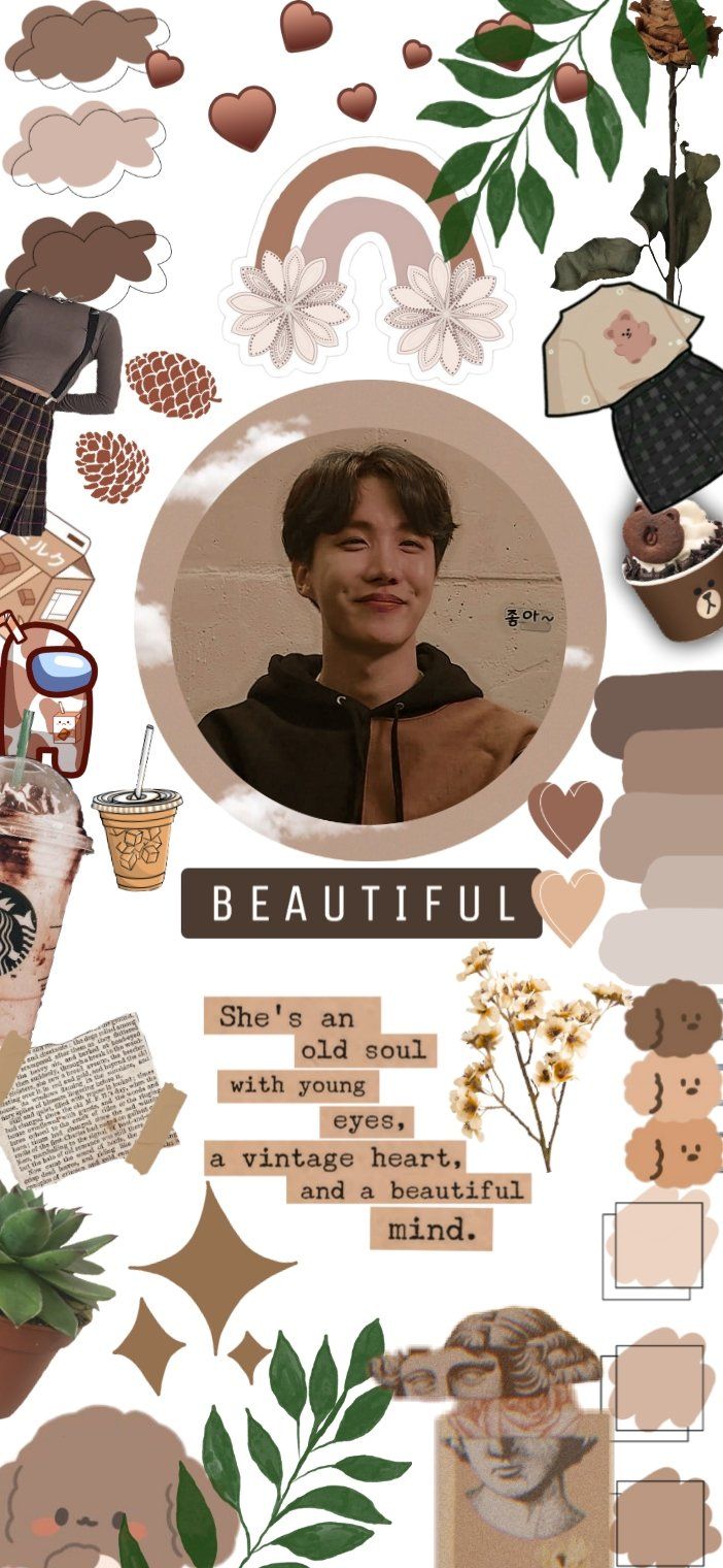 Aesthetic phone background with bts jungkook and a lot of different elements - Brown, succulent