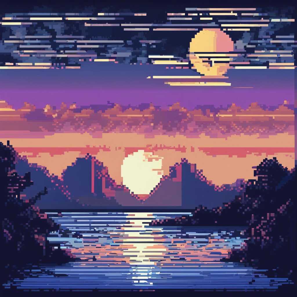 A pixel pixel art of a sunset over a