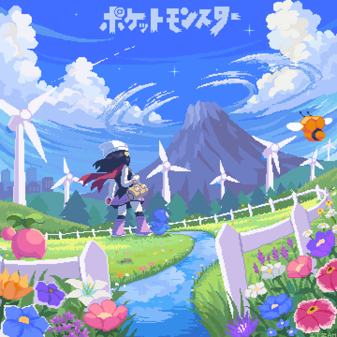 Floaroma Town Pixel Art. Animated