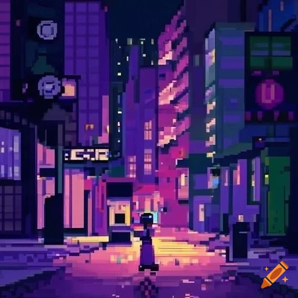 Colorful pixel art of a city at night