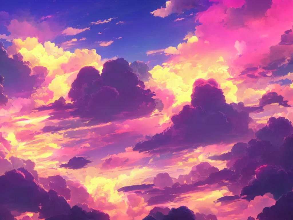 pink and yellow anime sky clouds