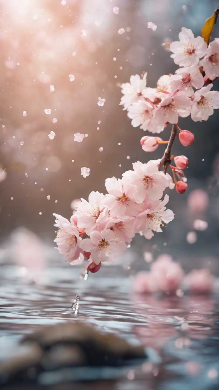 Pastel cherry blossoms floating down a