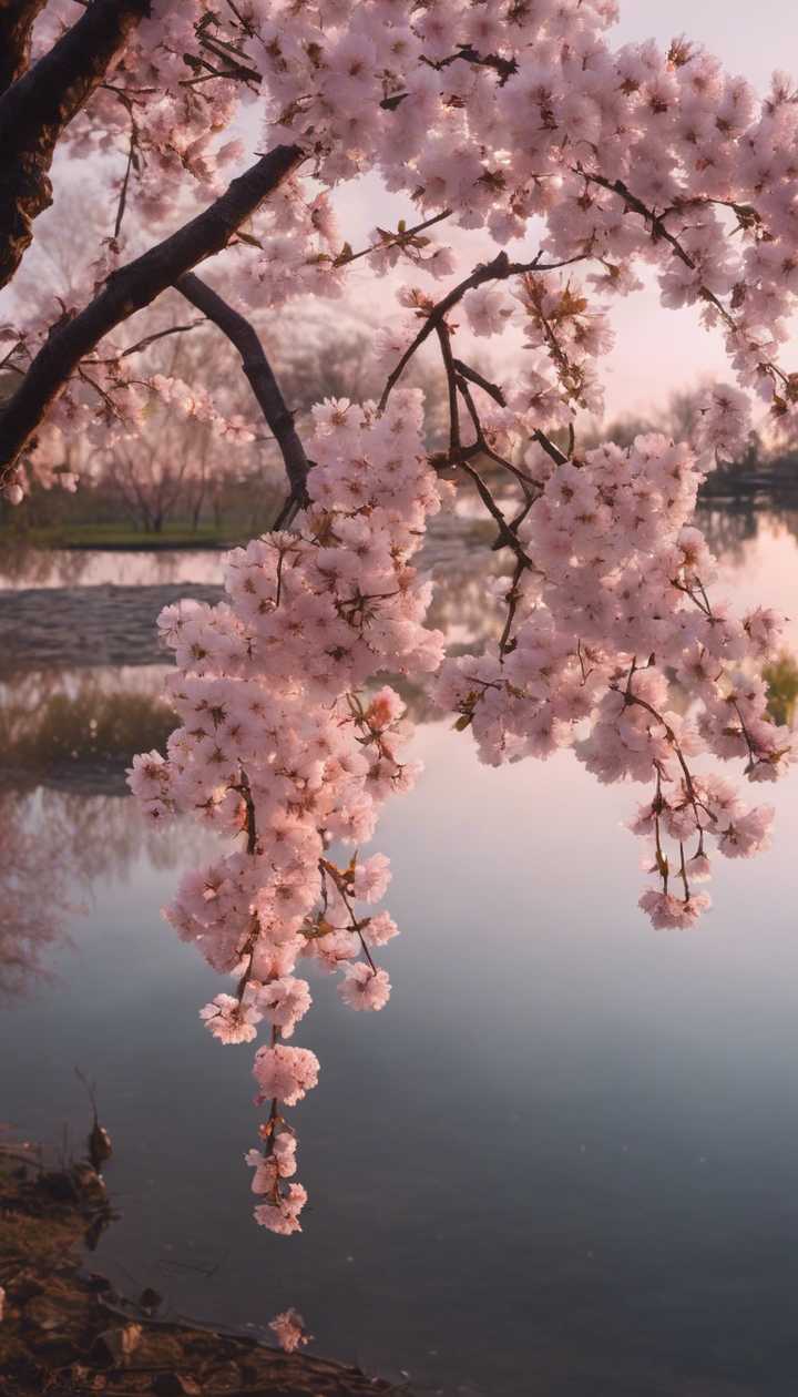 A solitary cherry blossom tree in full