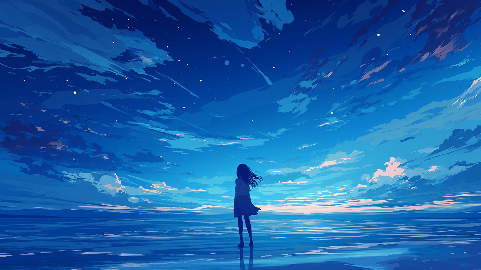 Lonely Anime Girl Dark Blue Desktop