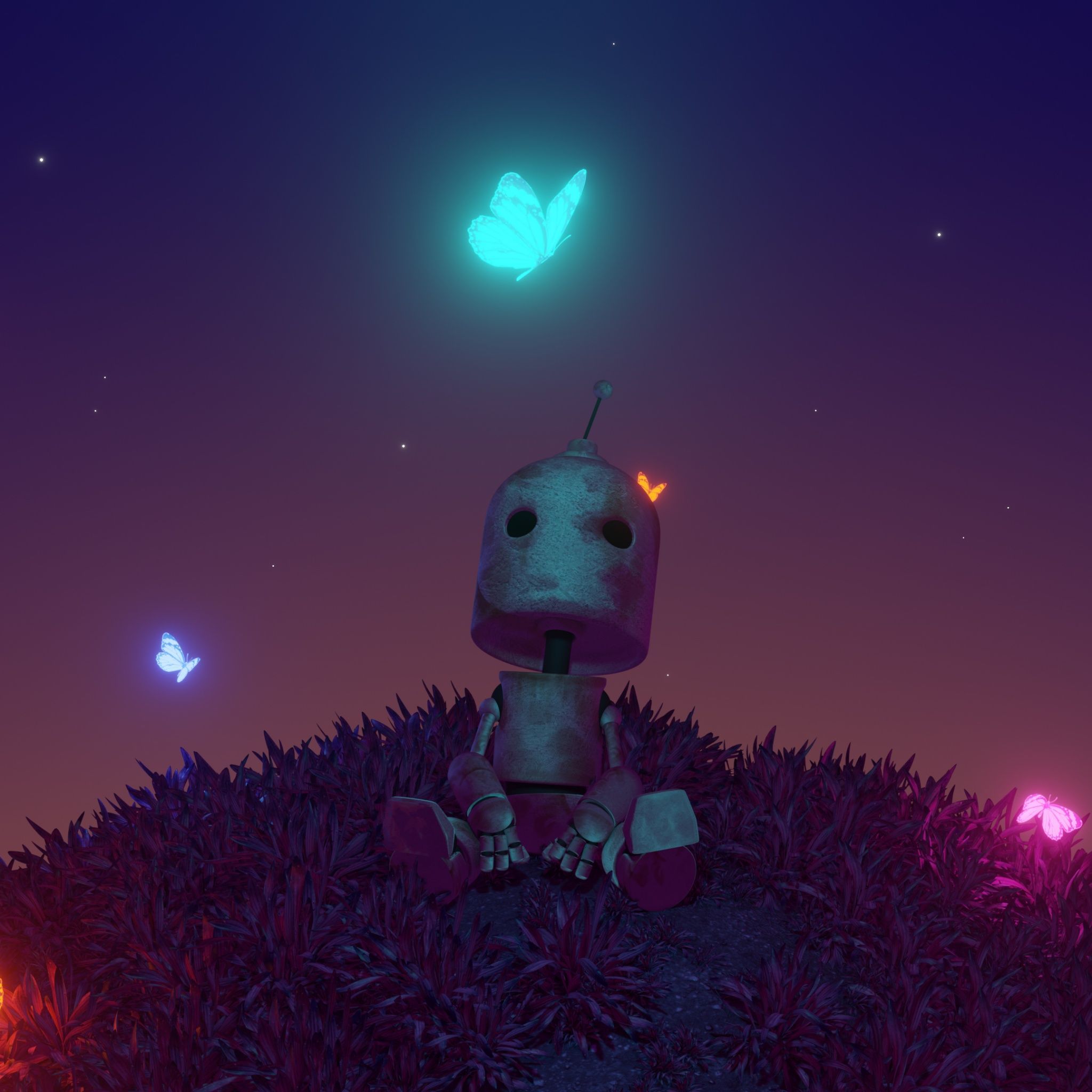 Robot Wallpaper 4K, Butterflies, Alone