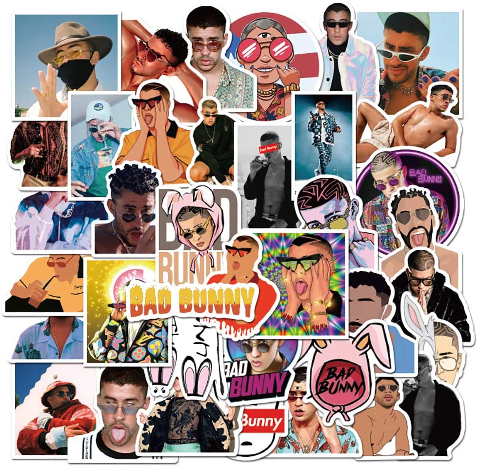 A collage of Bad Bunny stickers and photos. - Bad Bunny