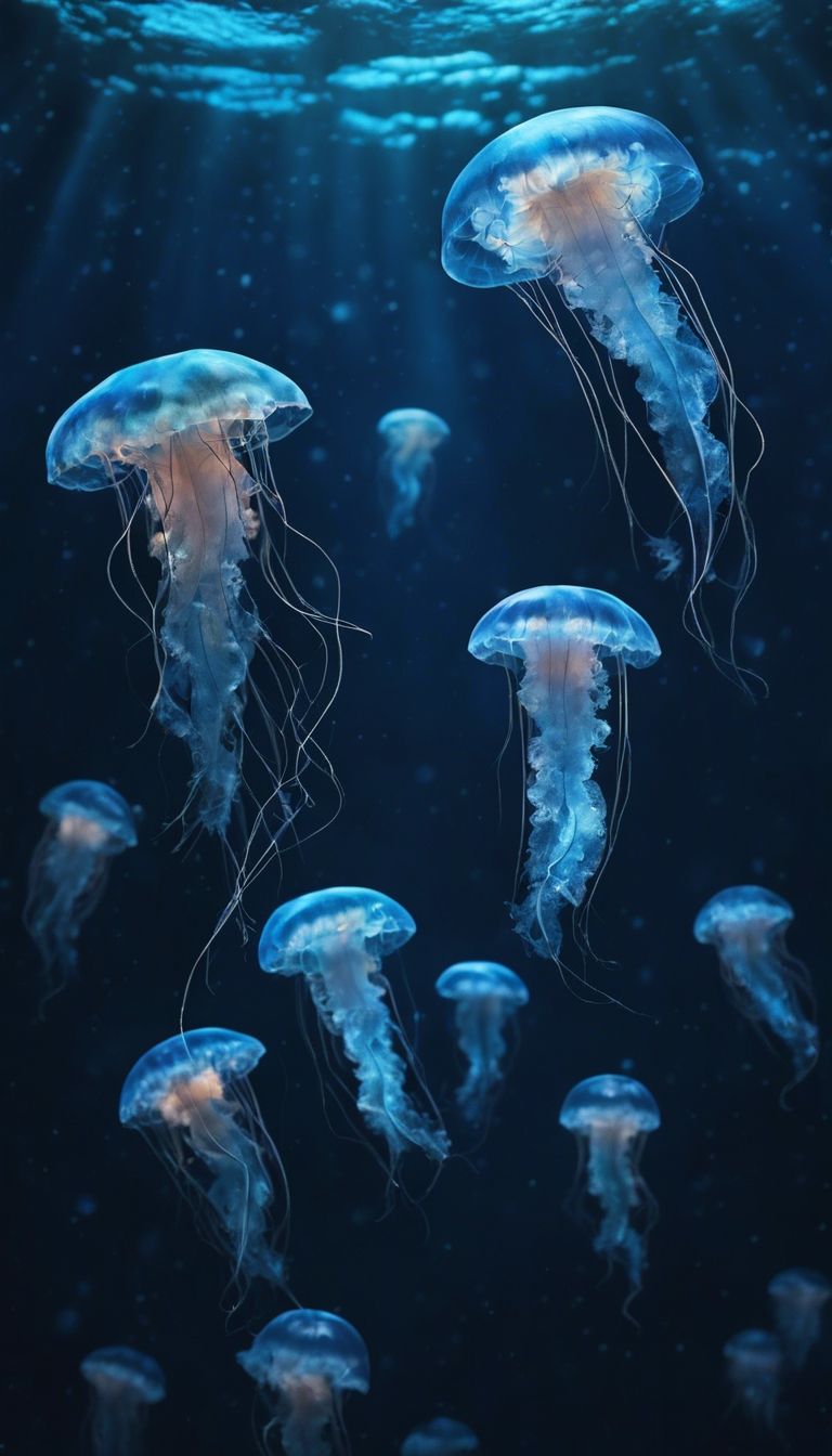 A group of luminescent blue jellyfish