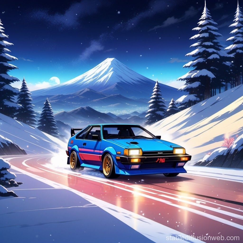 Nighttime AE86 Drift on Snowy Mountain