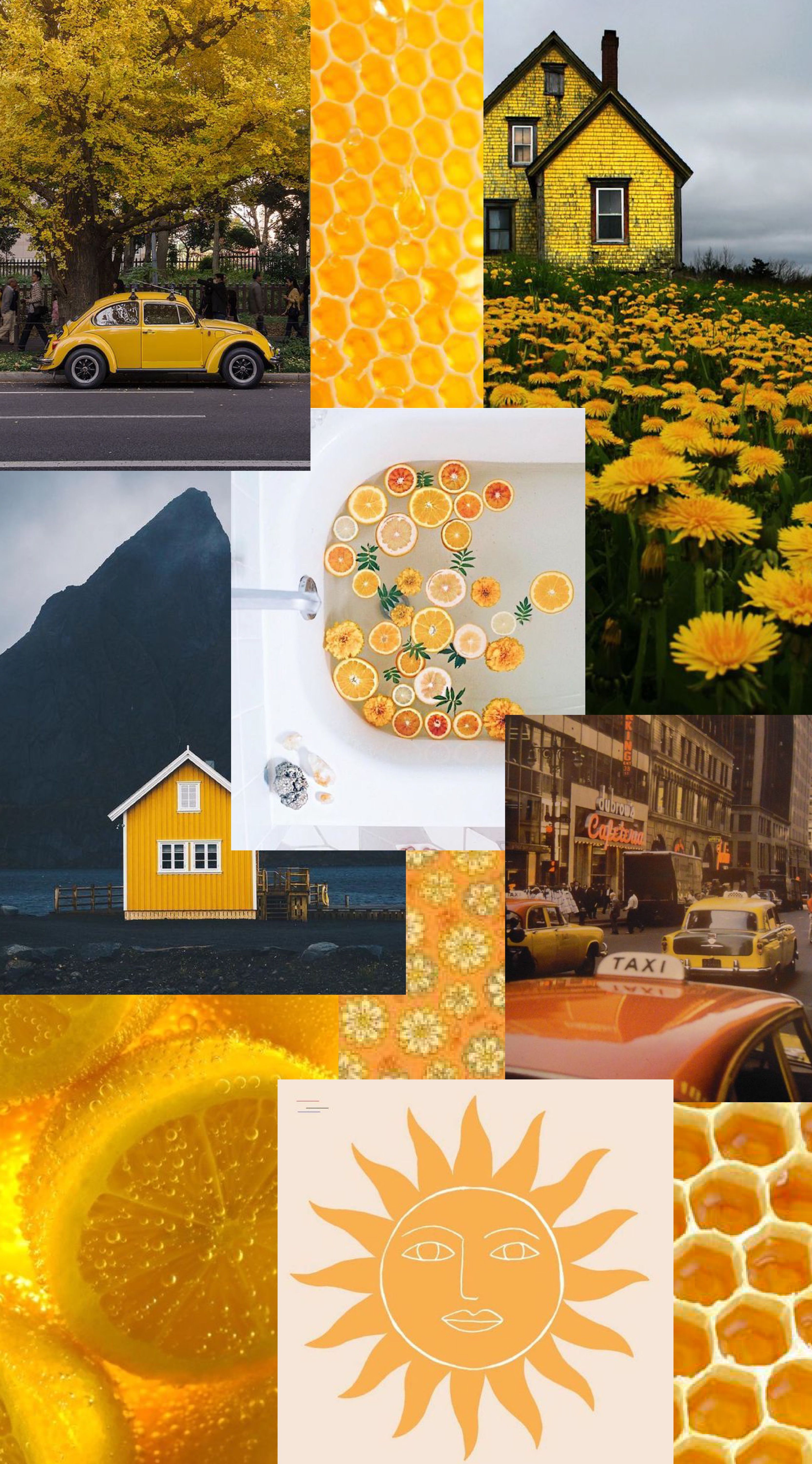 A collage of yellow images including a yellow house, a yellow car, and yellow flowers. - Summer