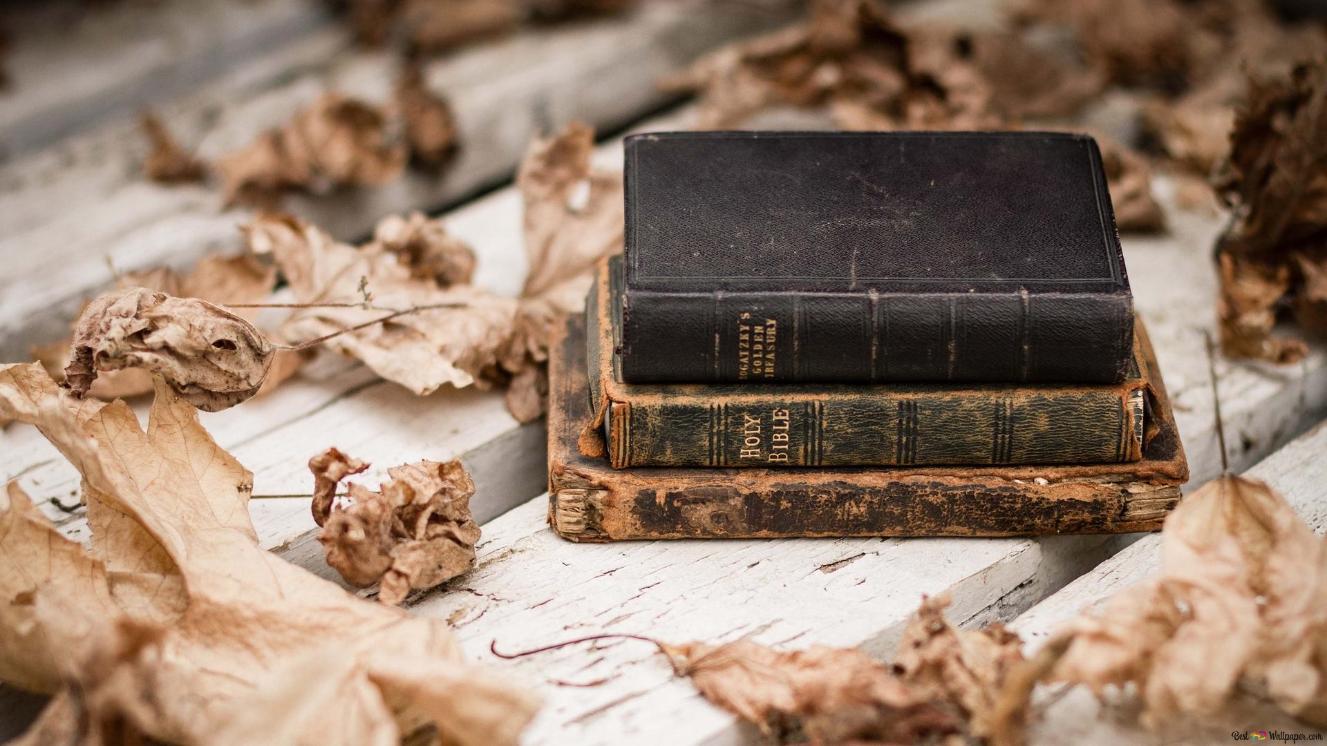 Two old books on a wooden table with dry leaves. - Vintage fall, books