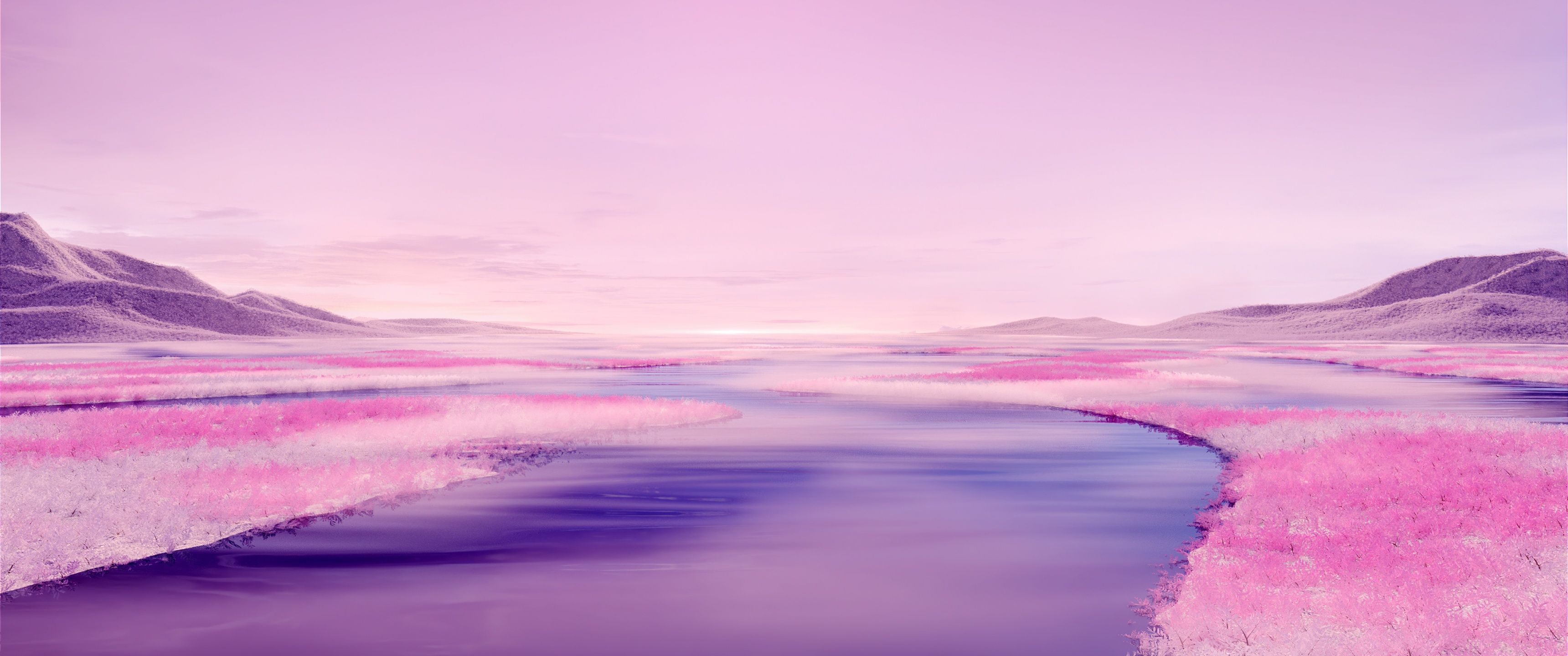 Pink aesthetic Wallpaper 4K, River, Surreal, Landscape