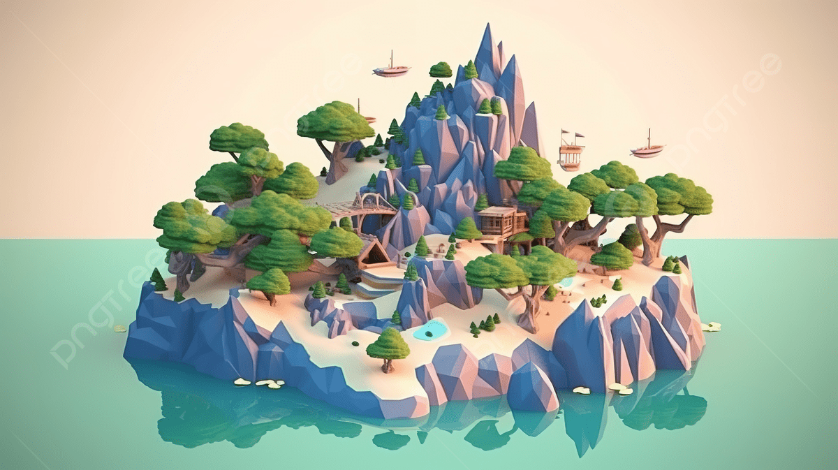 Japanese Low Poly Island In Cartoon