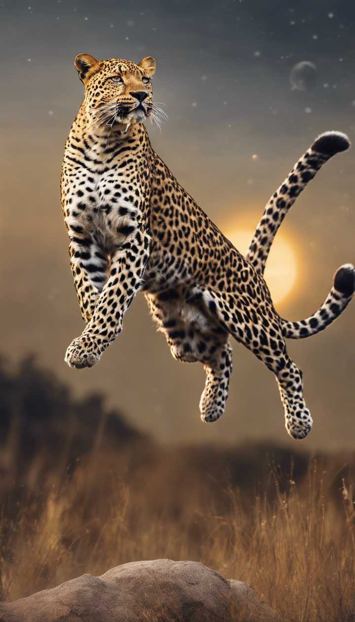 A graceful leopard leaping against