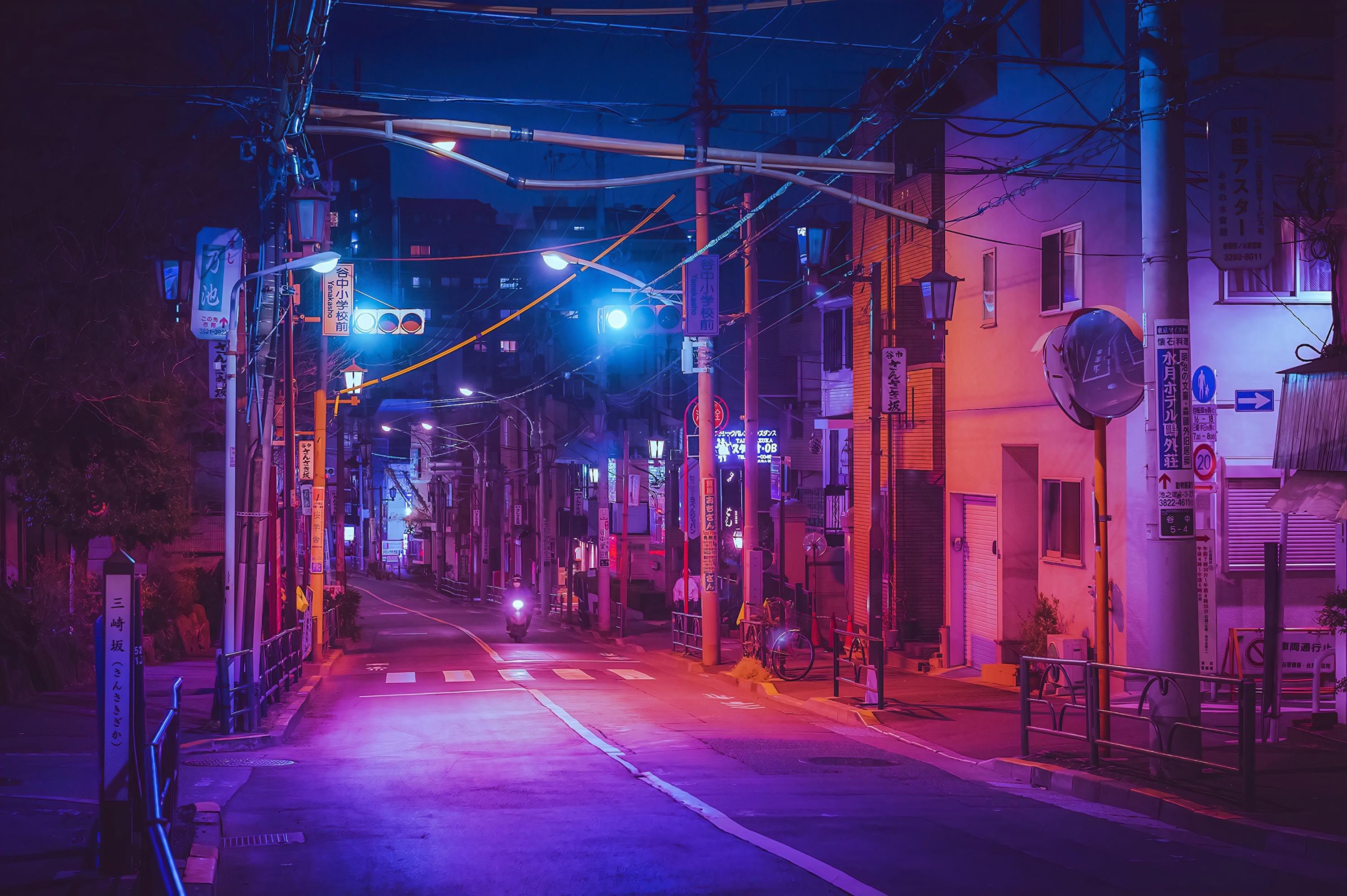 A street at night with purple and blue lights - City, night, road, anime city