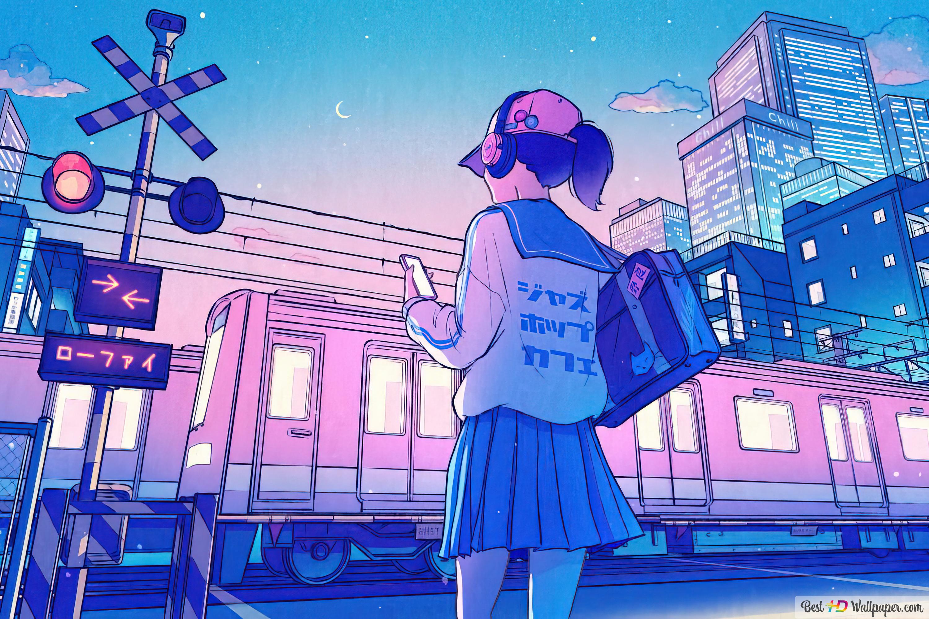 A girl in a skirt and a backpack standing on the platform waiting for the train. - City, anime, art