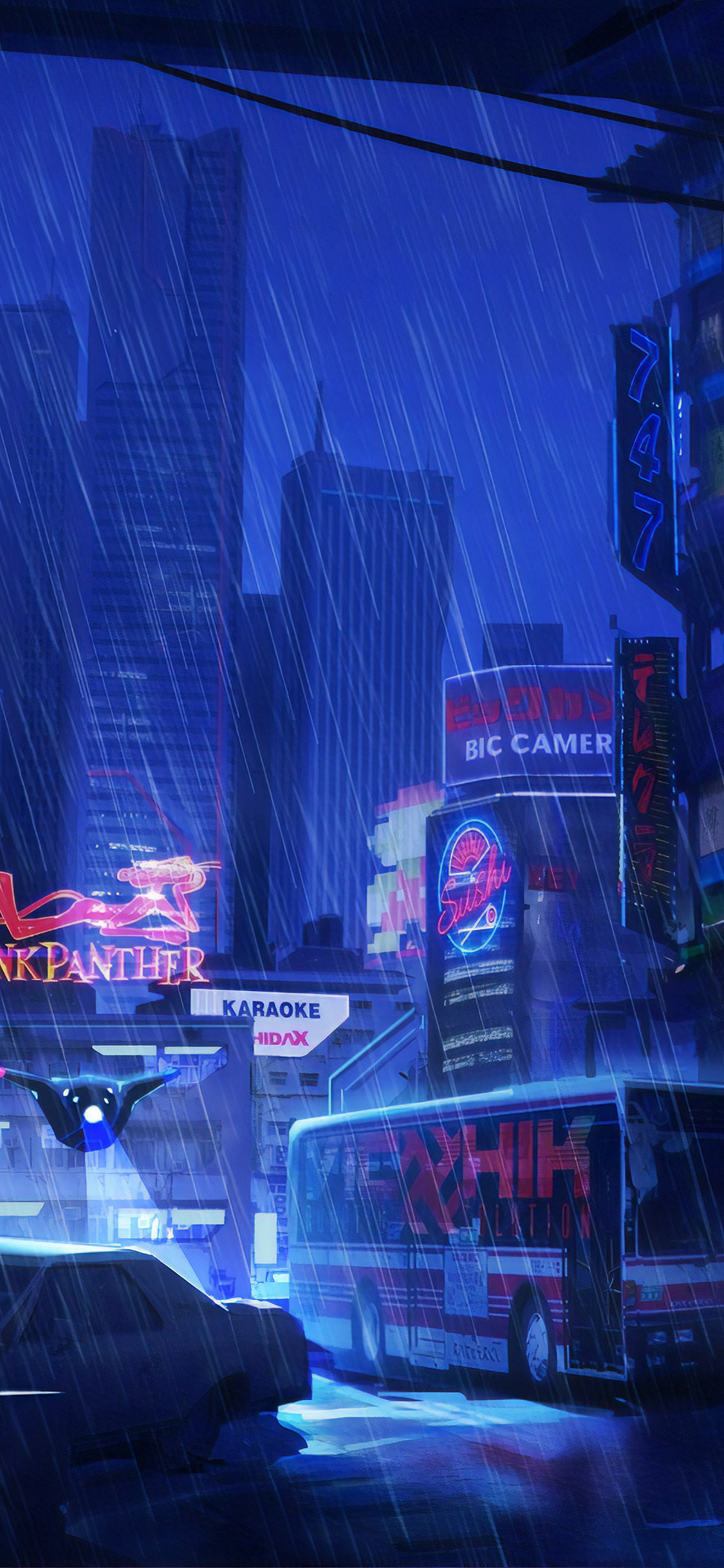 A city street with rain and neon lights - City
