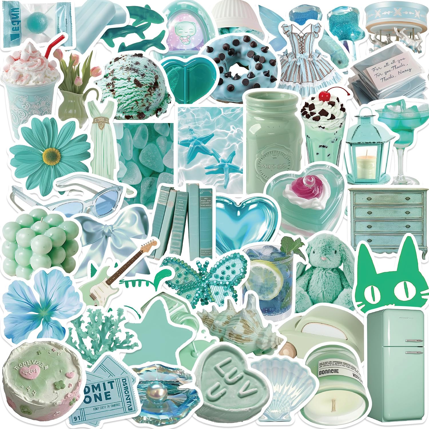 YOKSAS 50Pcs Cute Mint Green Stickers