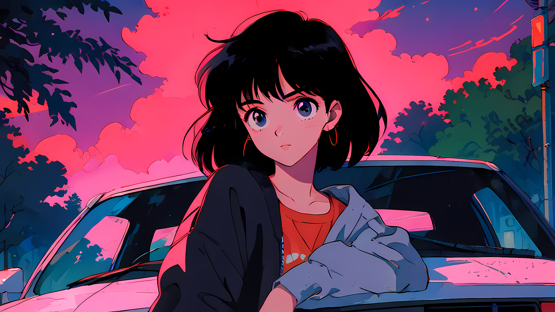 Vaporwave Anime Girl Sunset Aesthetic