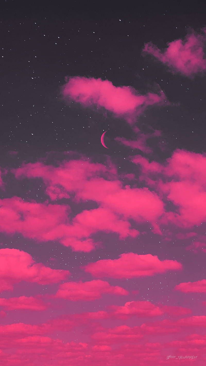 Aesthetic pink wallpaper of the night sky with a crescent moon - Hot pink