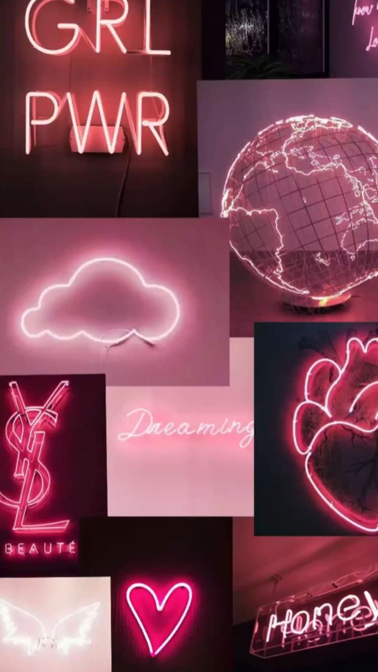 A collage of pink neon signs including a heart, dollar sign, globe, and the words 