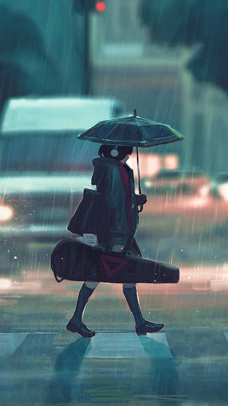IPhone wallpaper of a boy walking in the rain with an umbrella - Rain