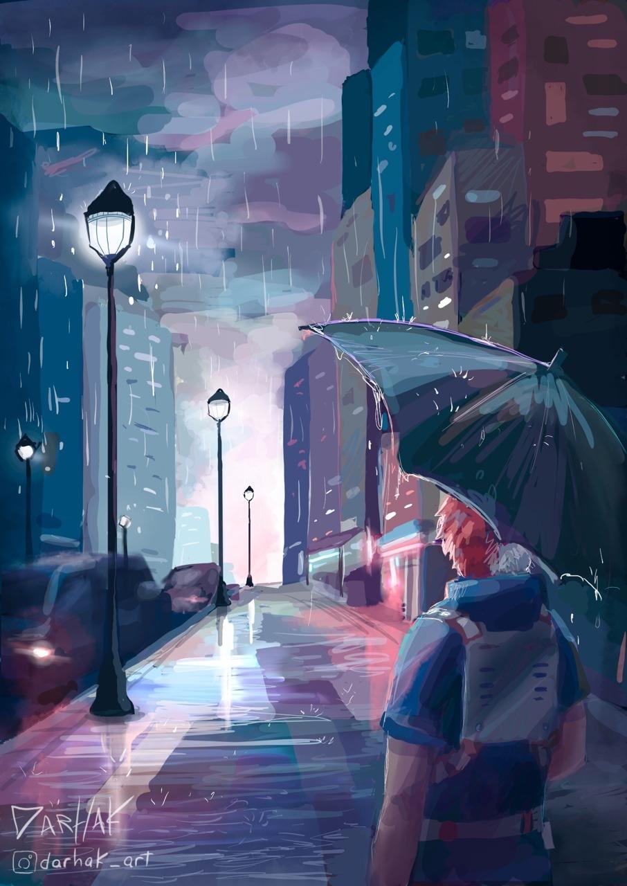 A man is walking down the street in rain - Rain