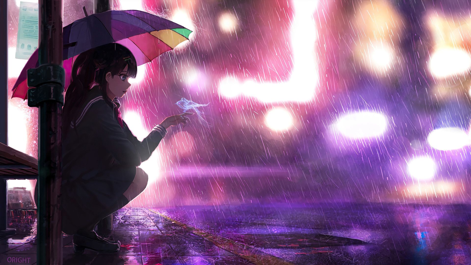 A woman sitting on the sidewalk holding an umbrella - Rain