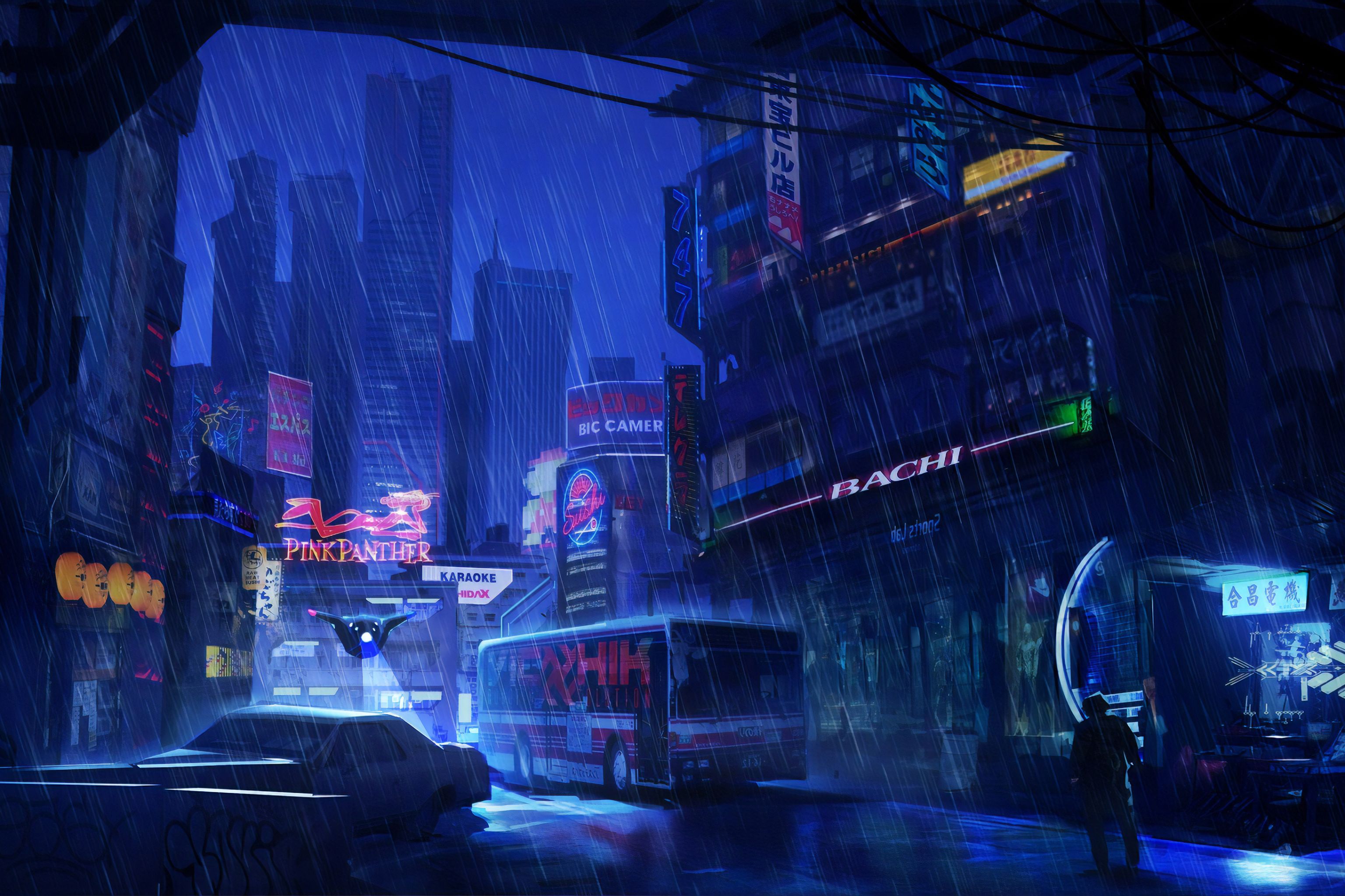 A city street with people walking in the rain - Rain, Cyberpunk