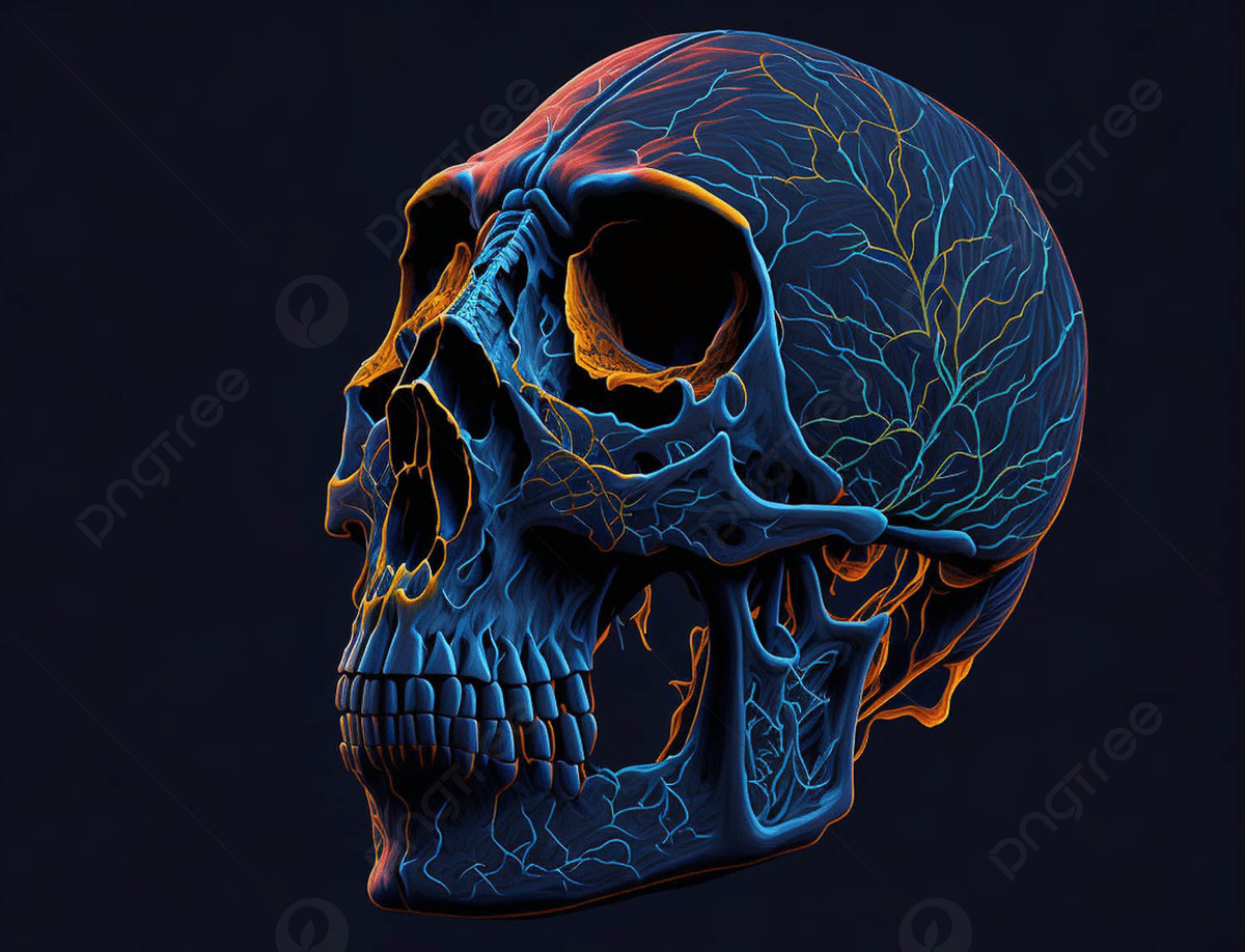 Blue Neon Skull Anatomical Illustration