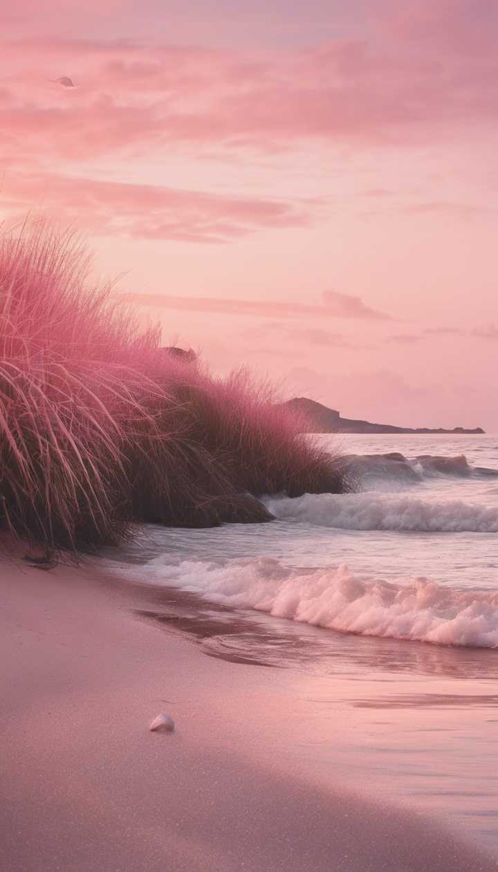 A pastel pink beach at sunset with a