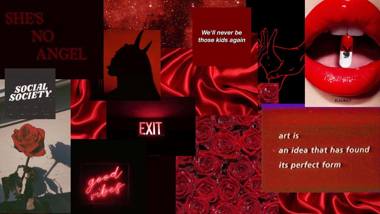 A collage of red aesthetic images including roses, lips, and social society quotes. - Dark red