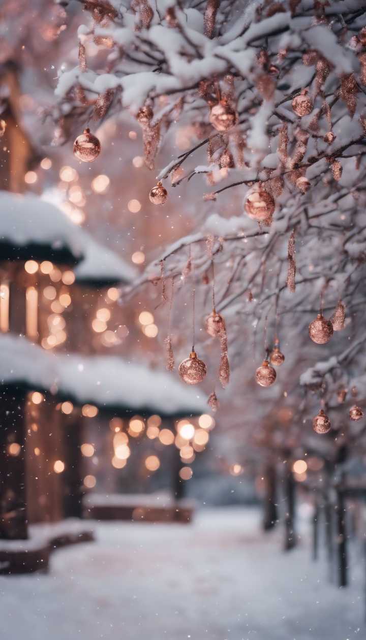 A snowy Christmas scene at twilight