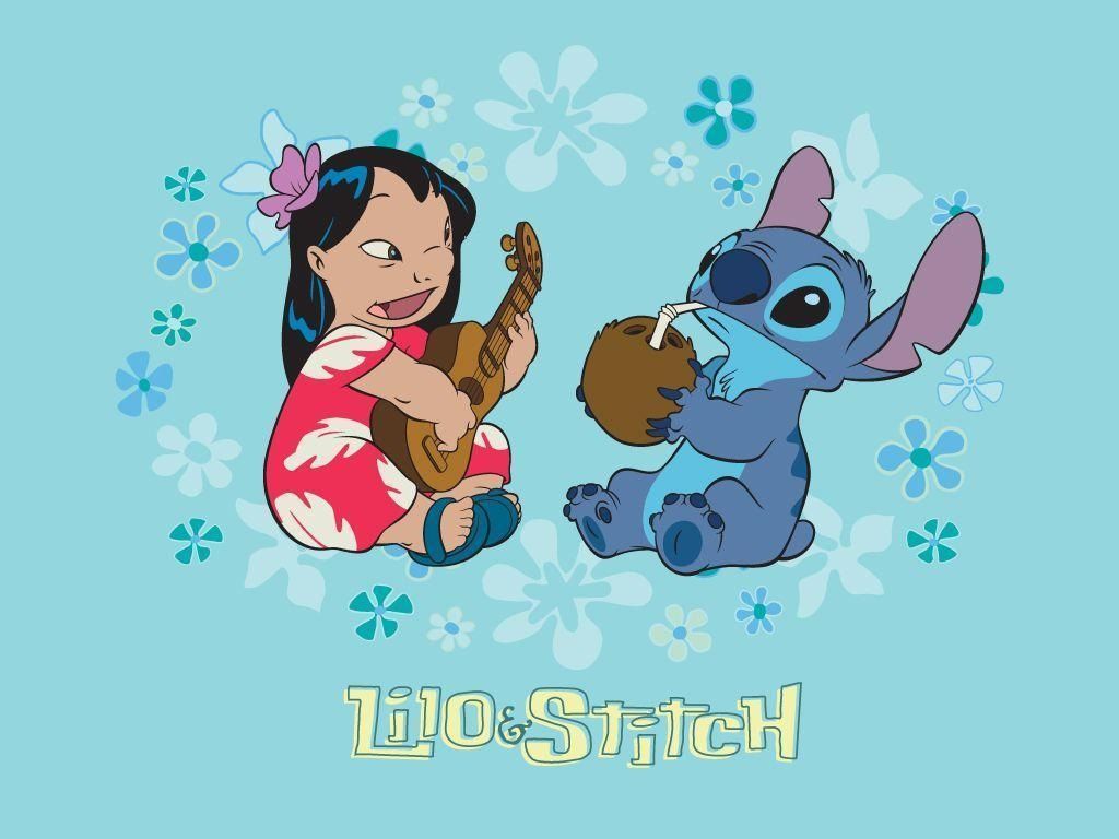 Lilo and Stitch playing music together on a blue background with white flowers and the words Lilo and Stitch at the bottom in yellow. - Stitch