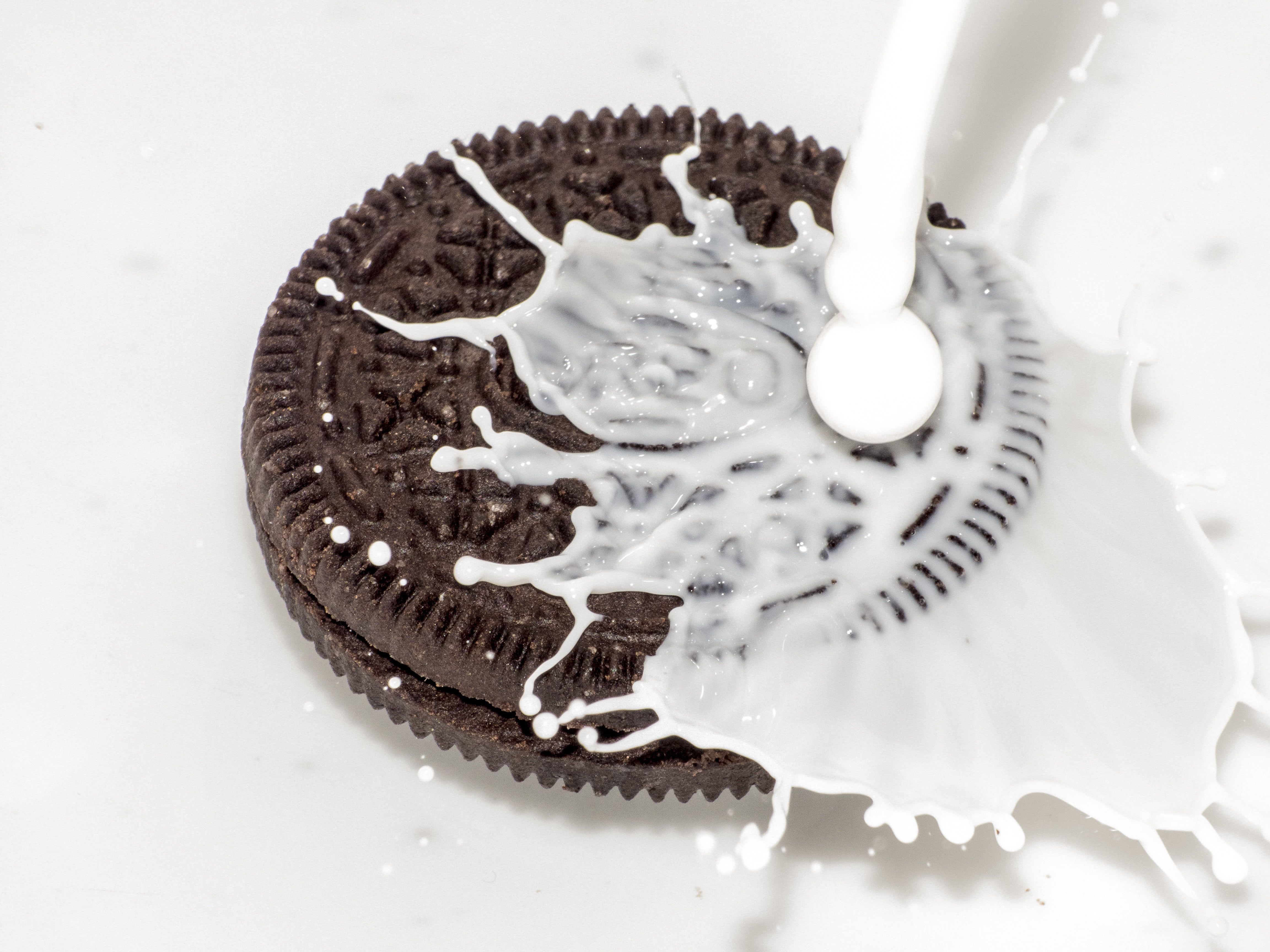 Milk poured on Oreo cookie