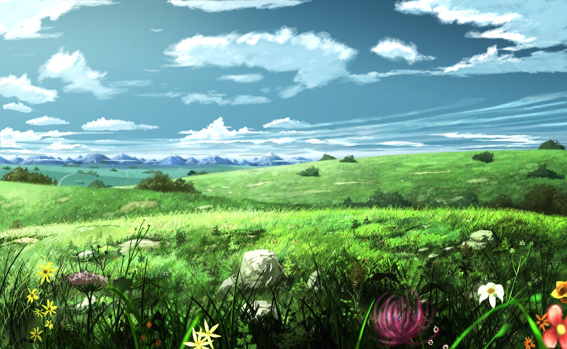 Anime Mountain Flower Scenery Wallpaper