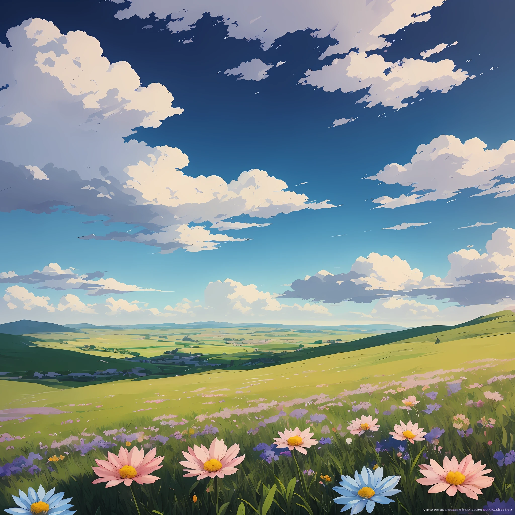 A painting of a field with flowers