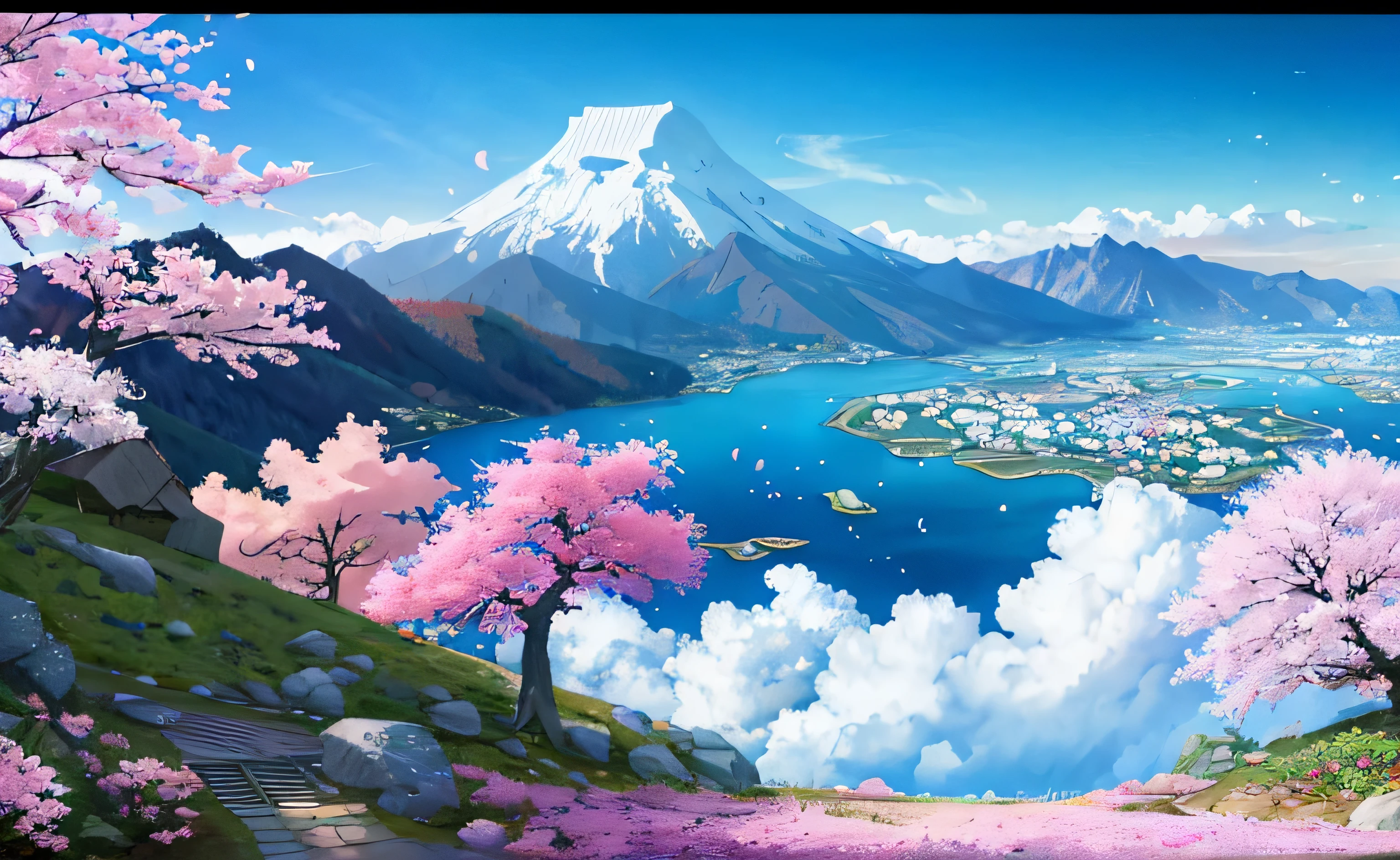 Anime scenery of a mountain lake with a