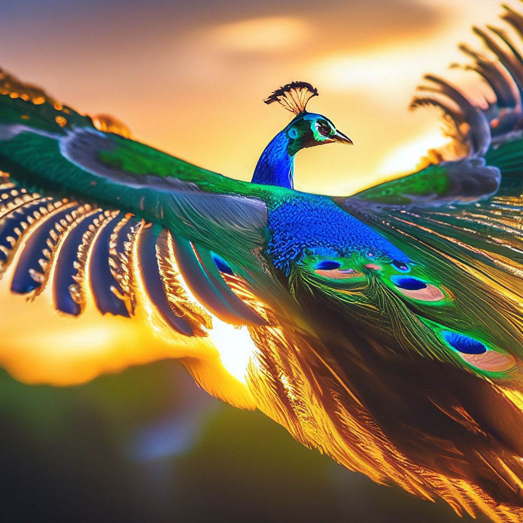 Peacock in flight in the sky, back