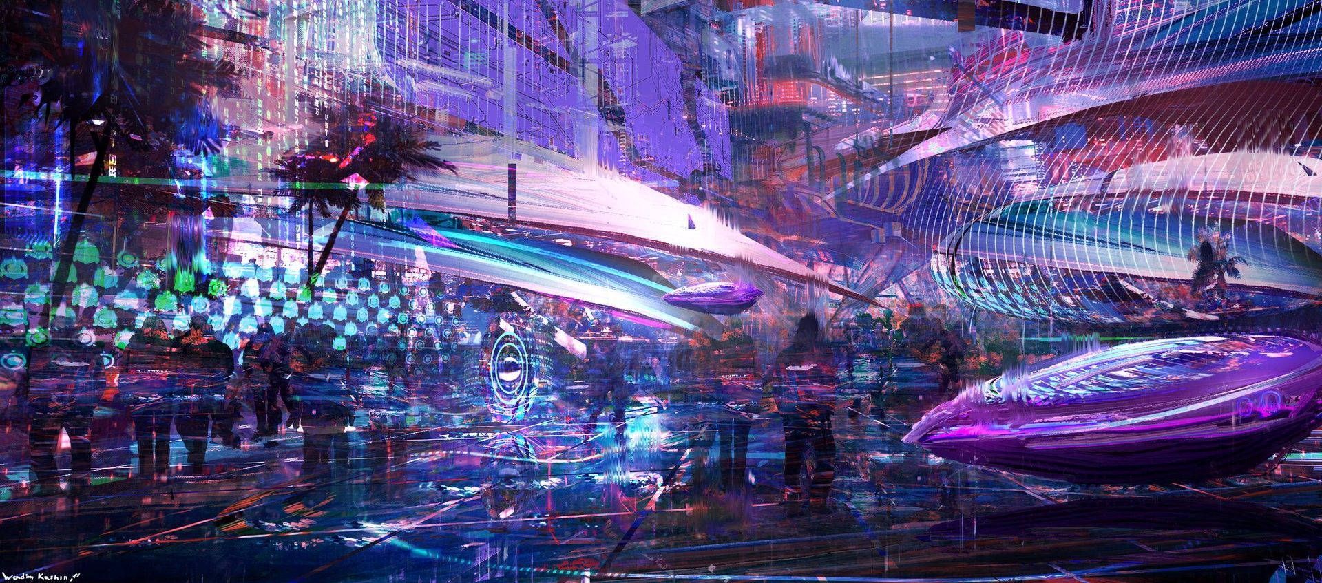 A city of the future, with neon lights and flying cars. - Cyberpunk, Cyberpunk 2077