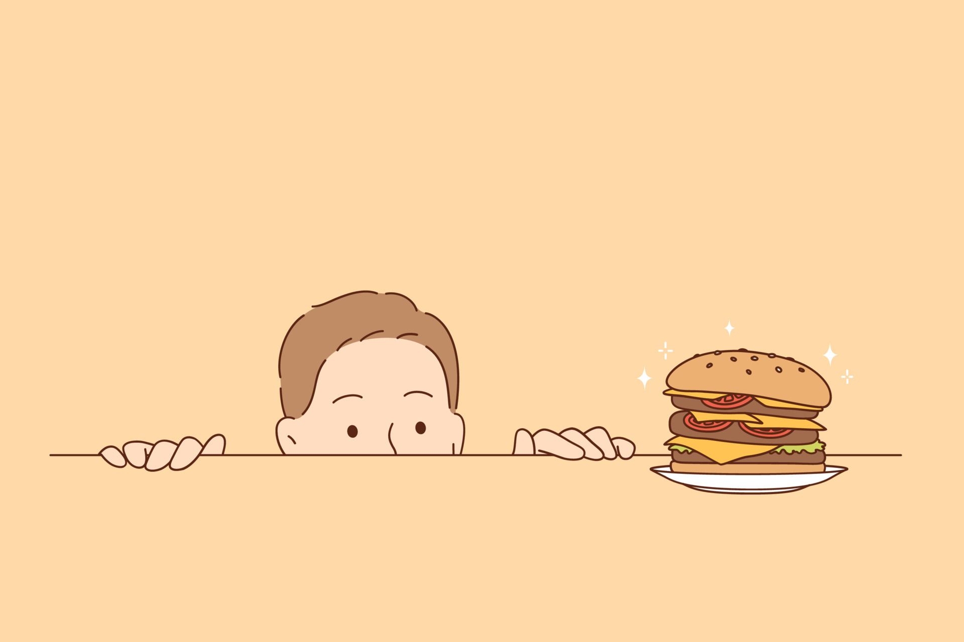 Overeating, nutrition, hunger concept. Funny hungry man cartoon character looking at tasty burger on table striving to eat it all vector illustration