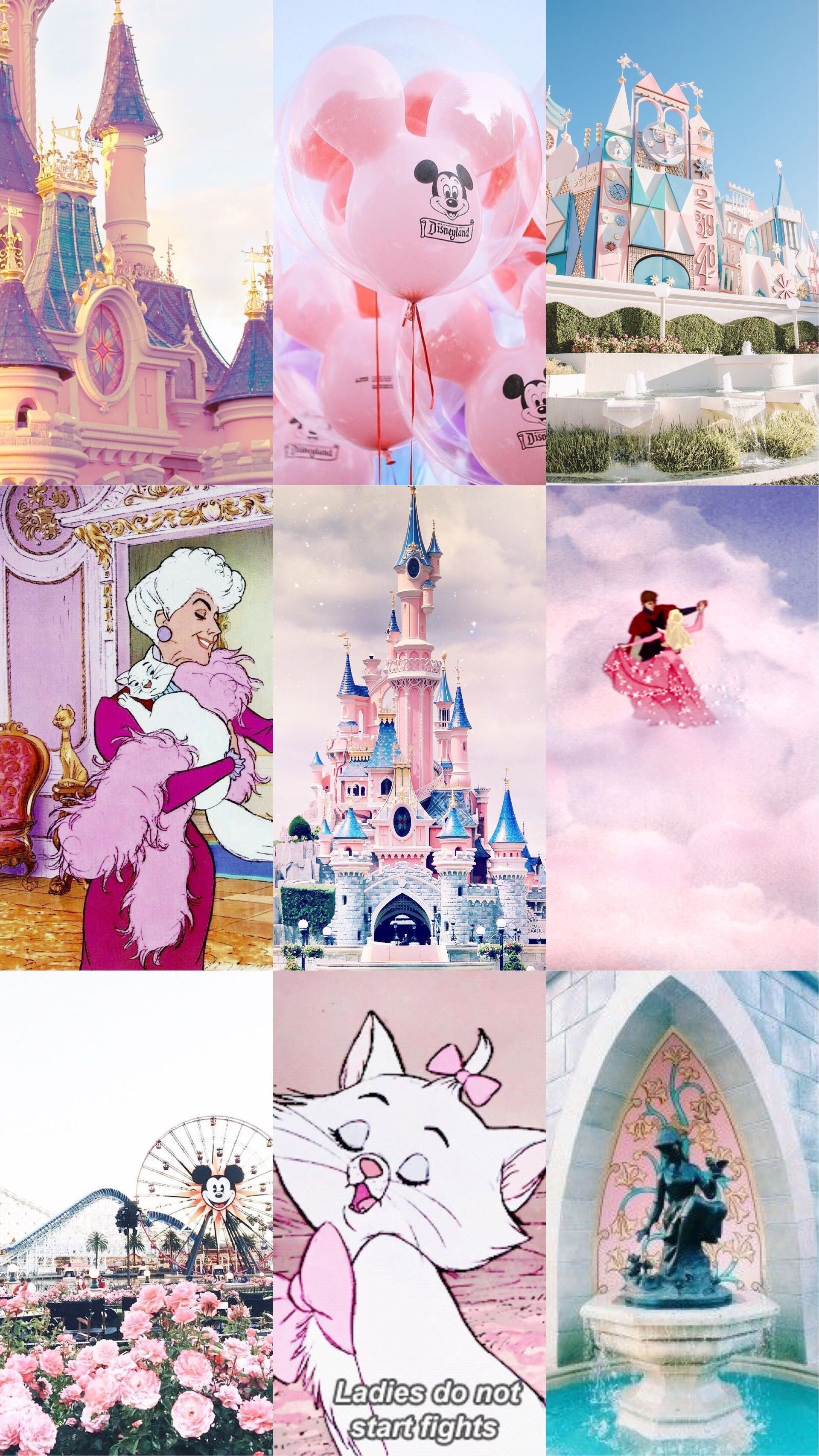 A collage of pictures with different scenes - Disney, princess, Disneyland