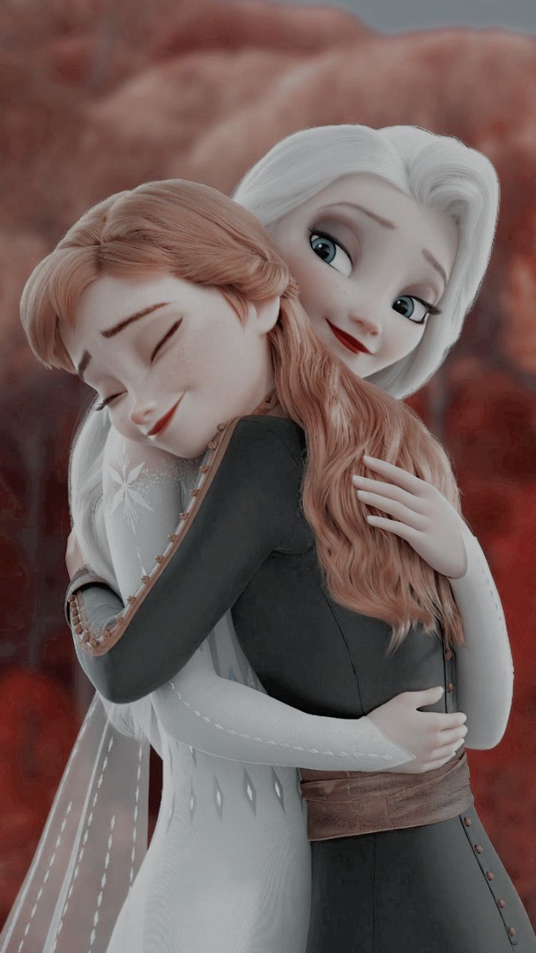 A cartoon of two women hugging - Elsa