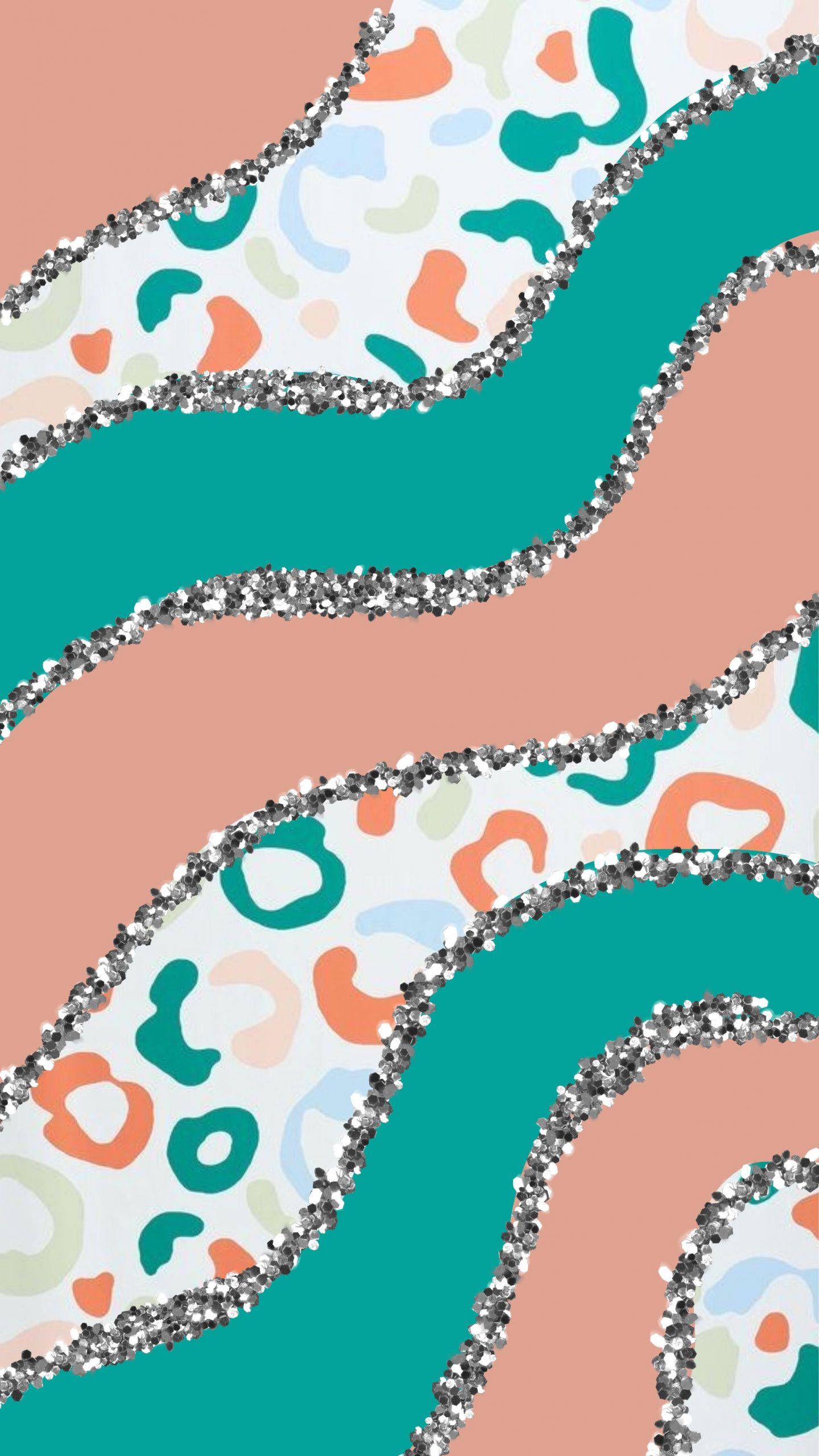 A pattern of teal, orange, and white jagged lines with glittery silver accents - Preppy