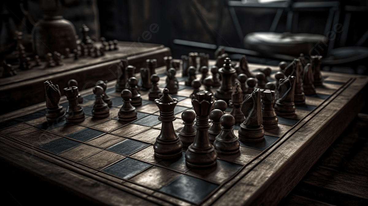 Wooden Chess Set In A Dark Room