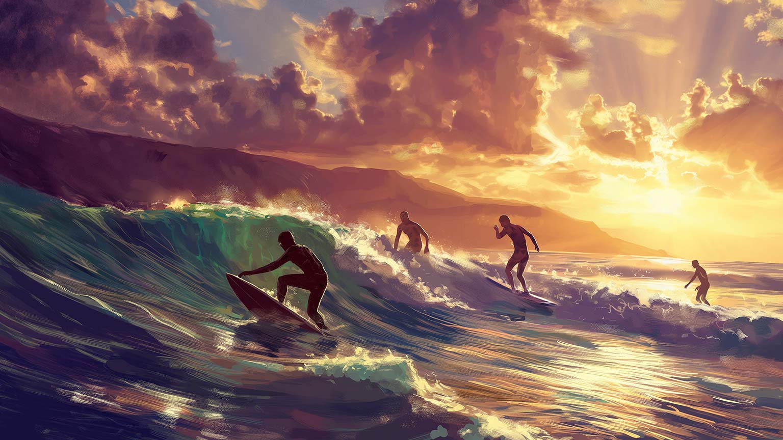 Surfing Sunset Wave Ride Desktop