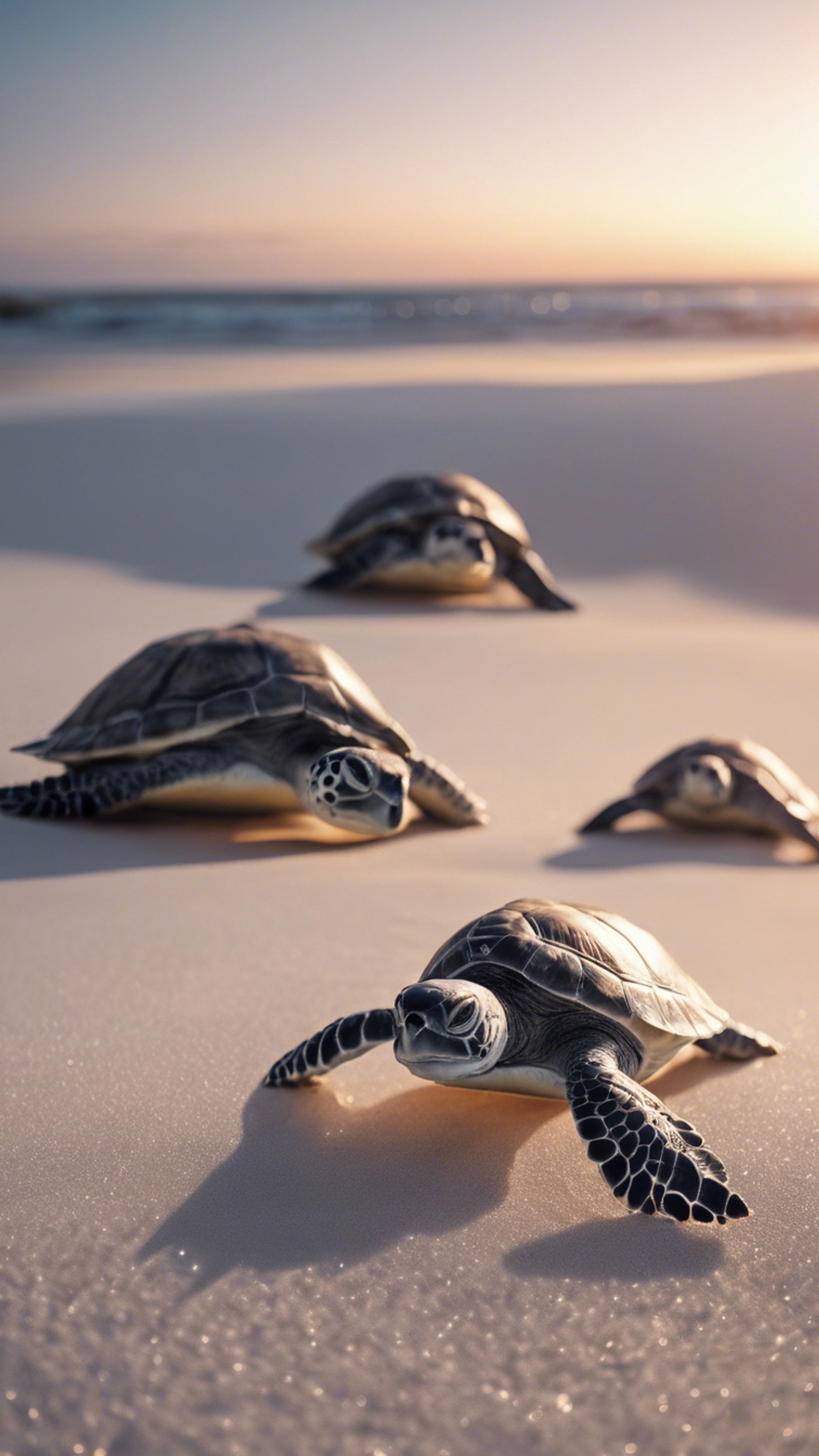 baby sea turtles on white beach sand