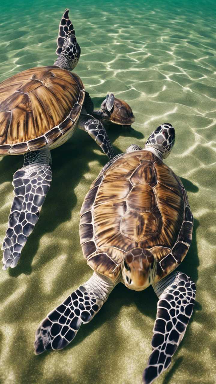 A group of sea turtles nibbling on a