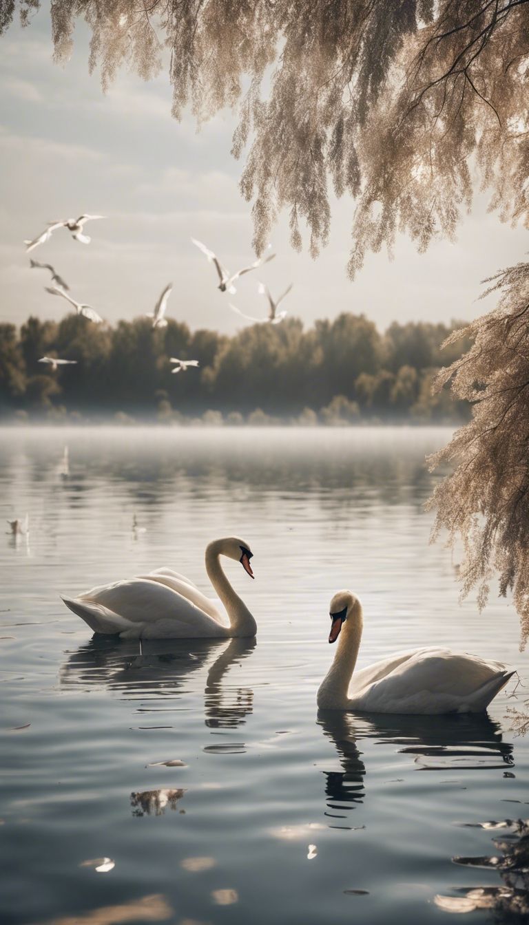 A placid lake with swans leisurely