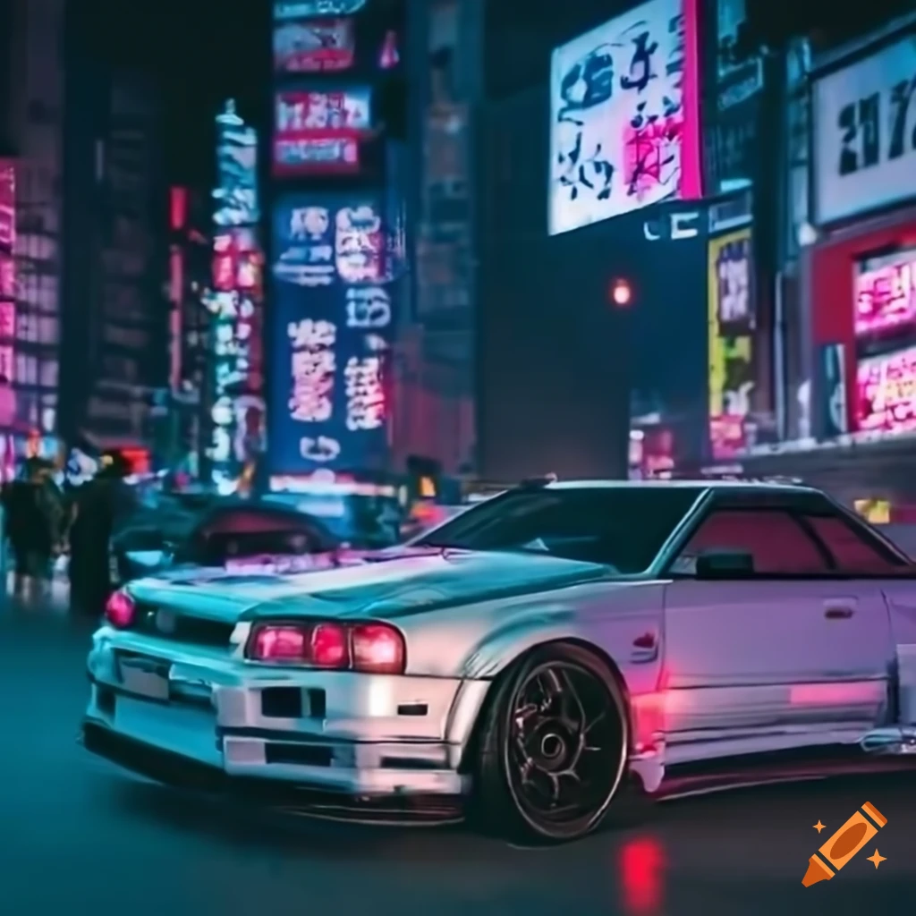 Drifting nissan skyline r34 in tokyo at